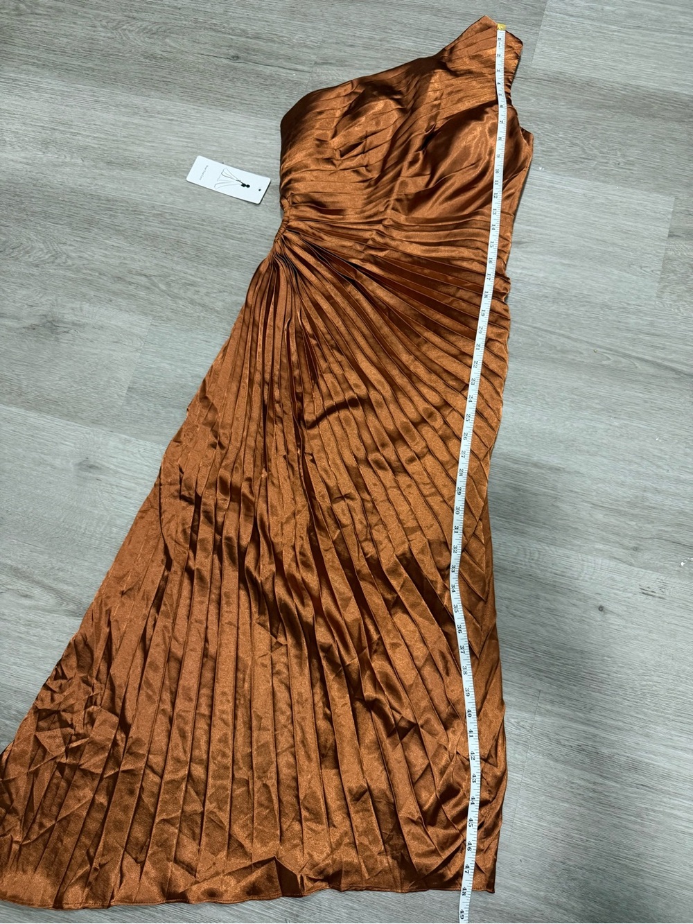 One-Shoulder Copper Pleated Midi Dress - Picture 11 of 11